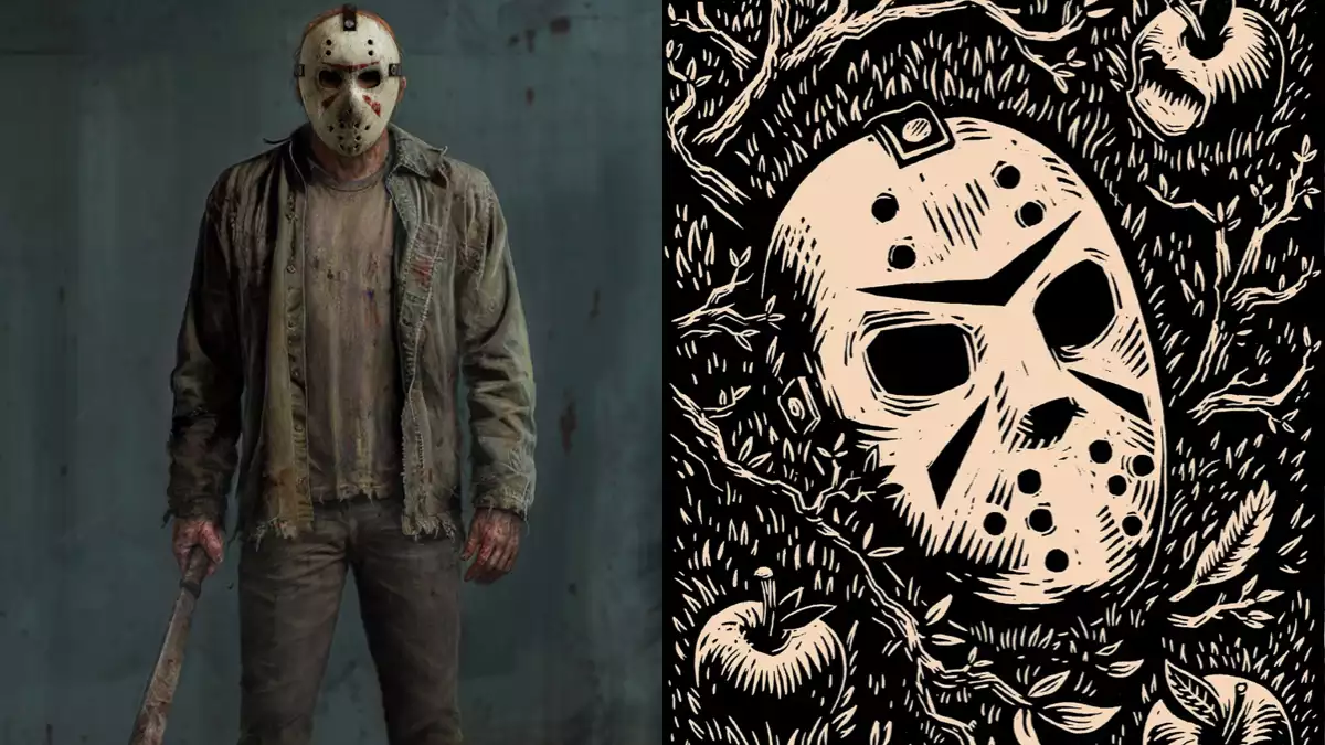Two images with the Jason Voorhees character and an illustration featuring the Jason mask