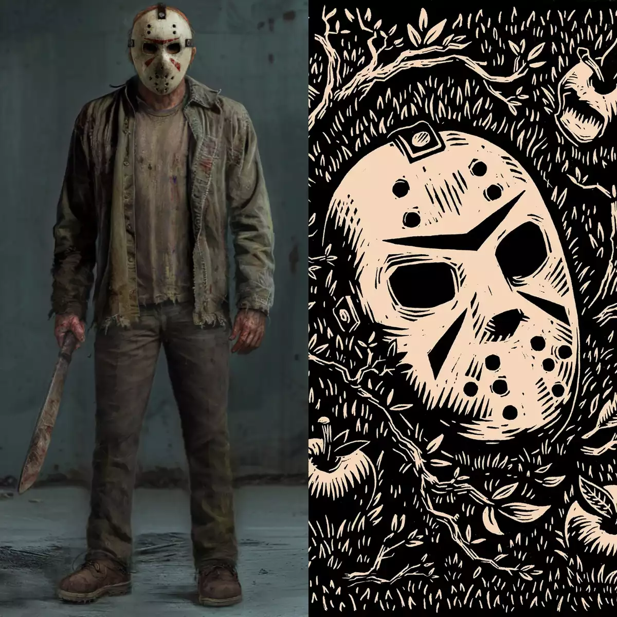 Two images with the Jason Voorhees character and an illustration featuring the Jason mask