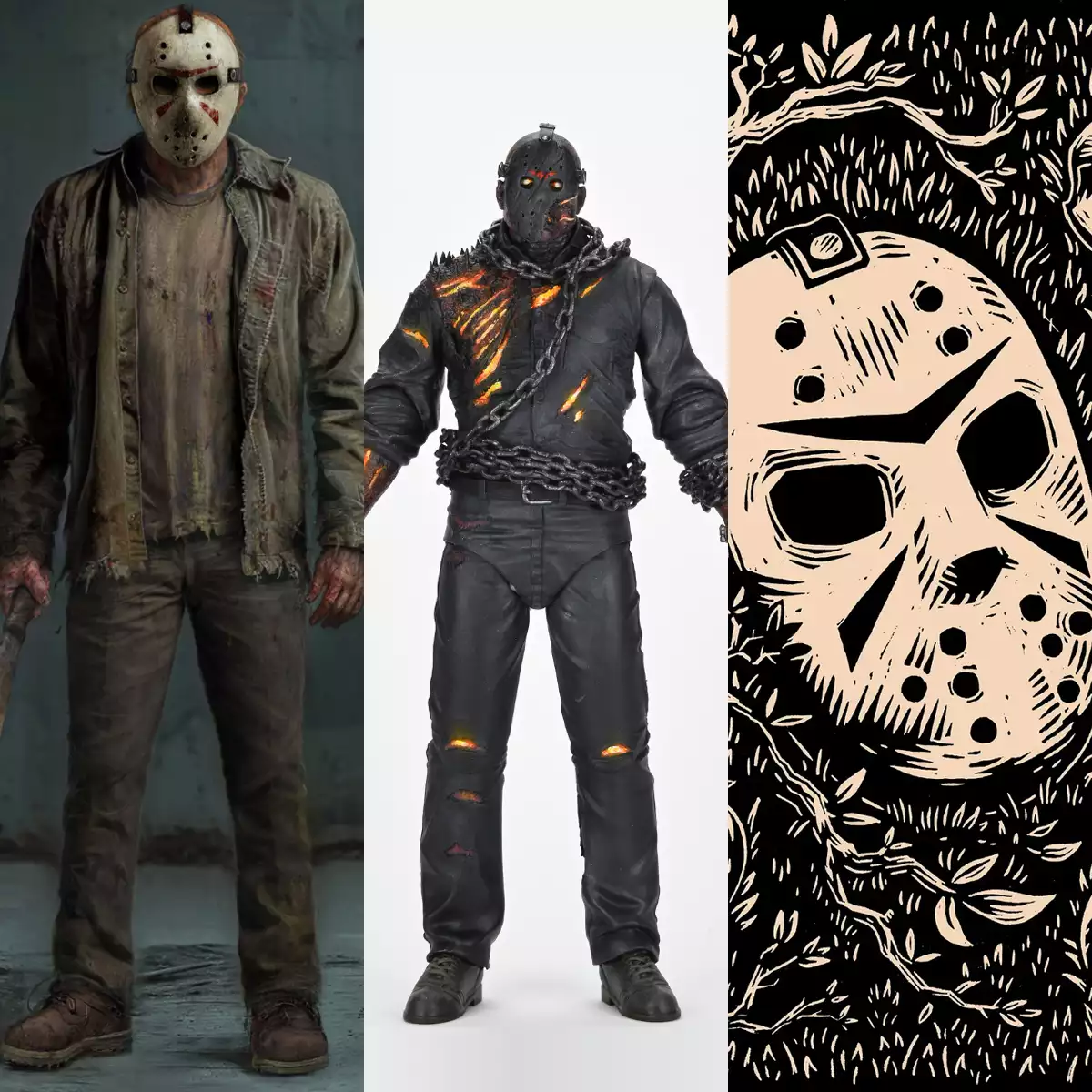 Two images with the Jason Voorhees character and an illustration featuring the Jason mask