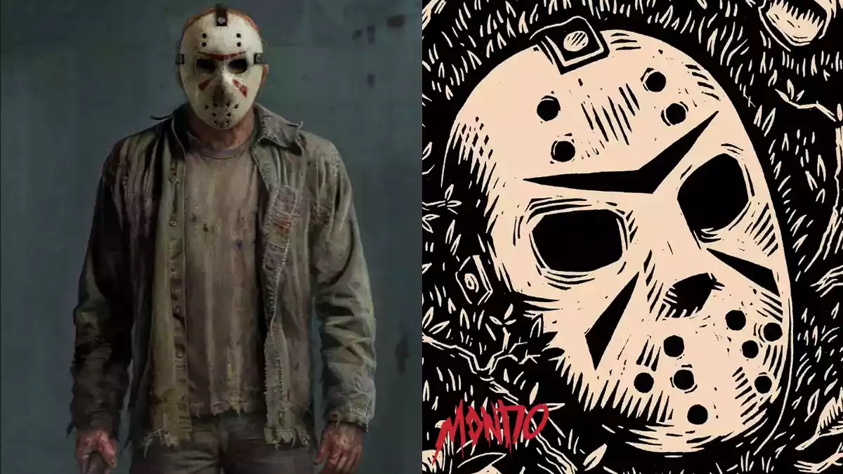 Two images with the Jason Voorhees character and an illustration featuring the Jason mask by Mondo