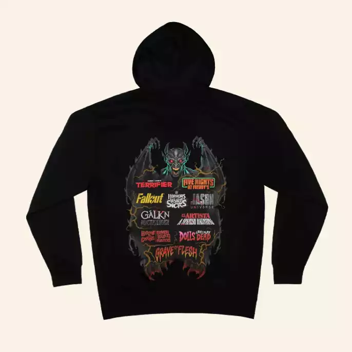 Black hooded fleece featuring logos of the Halloween Horror Night houses
