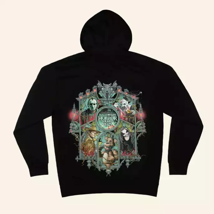 Black hooded fleece with a design featuring the Halloween Horror Night key art