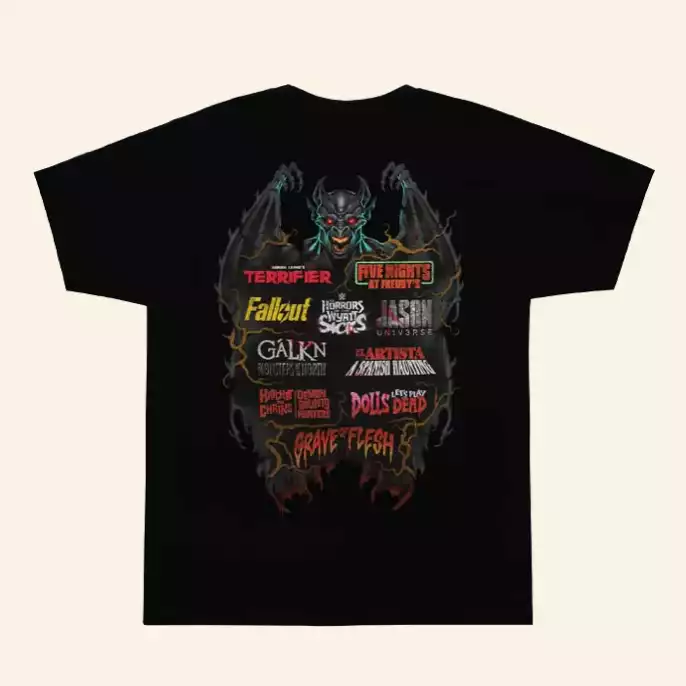 Black t-shirt with a design featuring logos of the Halloween Horror Night houses