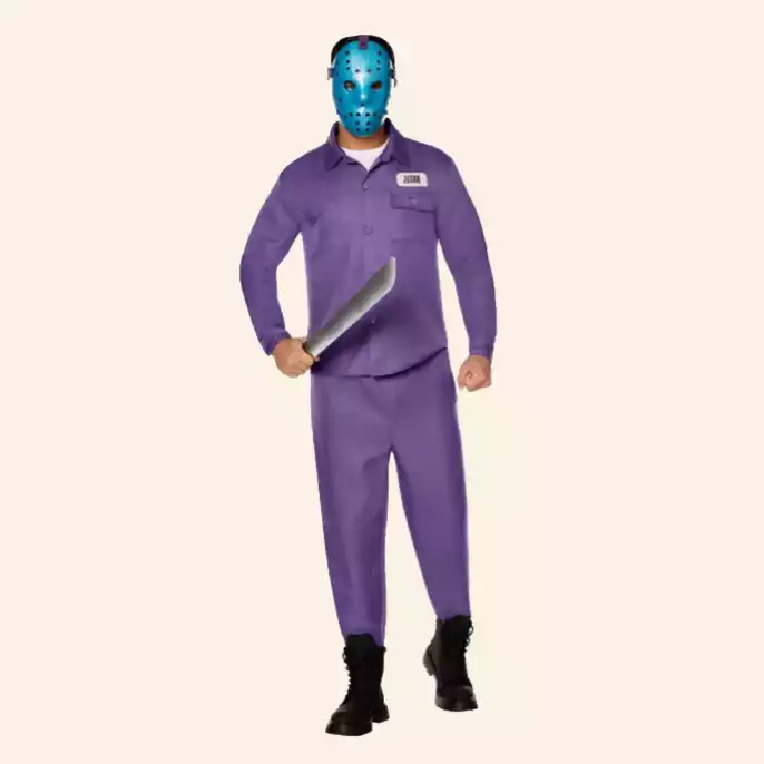 Adult wearing retro Jason costume