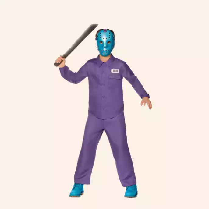 Kid wearing retro Jason costume