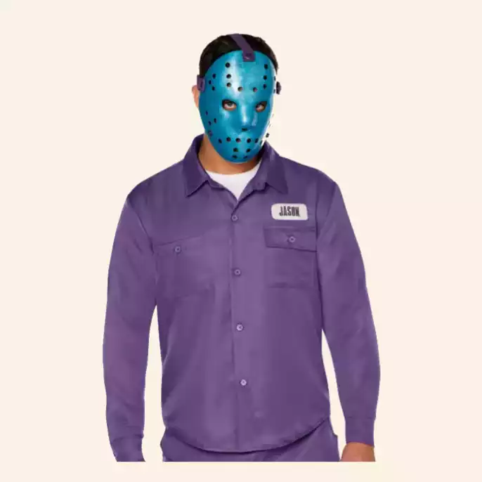 Person wearing retro Jason Voorhees mask