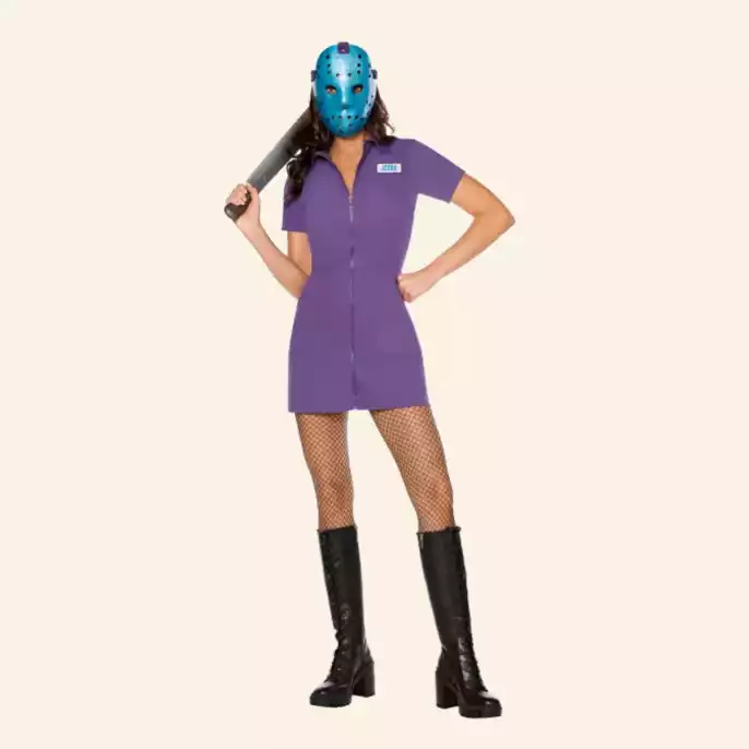 Adult wearing retro Jason utility dress costume