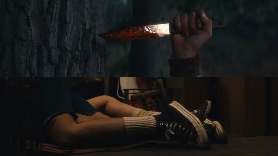 An image of a hand holding a knife over an image of two people in bed